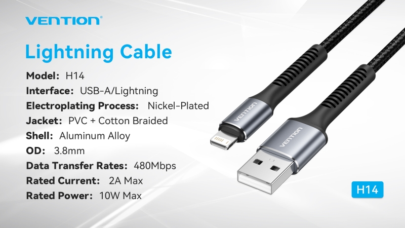 Câble de données Vention CableTech Lightning-USB-A - Aluminium durable - Transmission 480Mbps - Puissance 2A, 10W - Couleur noire