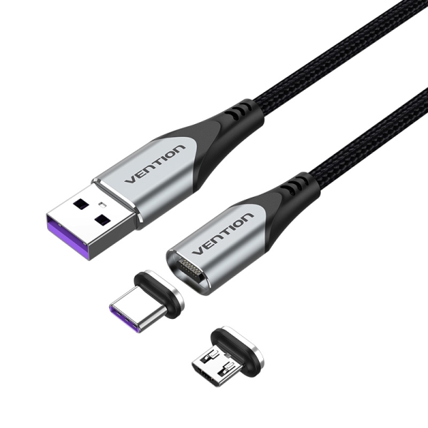 Câble USB-A 2.0 magnétique Vention - Puces USB-C et Micro USB interchangeables - Charge rapide 5A - Transmission 480Mbps - Couleur grise