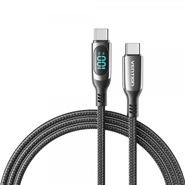 Câble USB-C mâle vers USB-C mâle Vention - 1,2 m 5A PD100W avec écran LED - Couleur noire