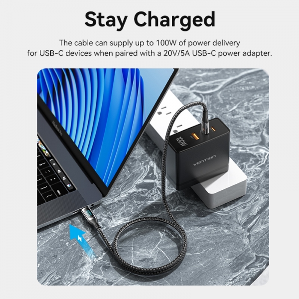 Câble USB-C mâle vers USB-C mâle Vention - 1,2 m 5A PD100W avec écran LED - Couleur noire