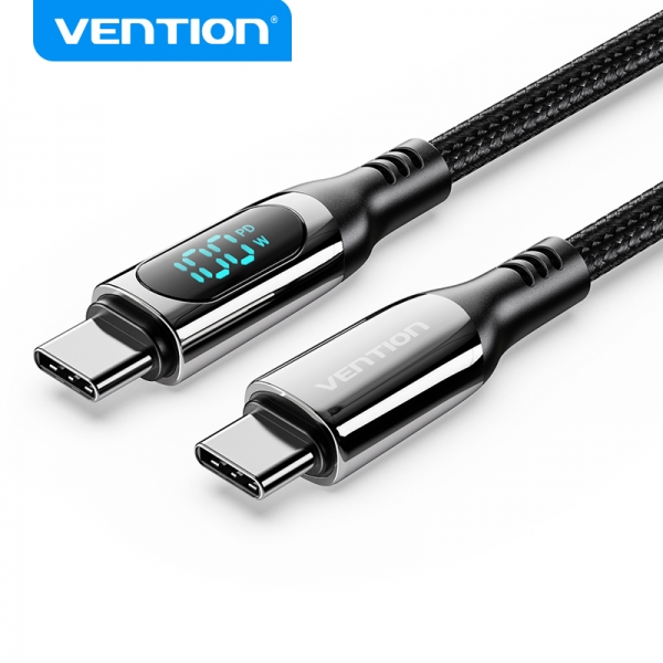 Câble USB-C mâle vers USB-C mâle Vention - 1,2 m 5A PD100W avec écran LED - Couleur noire