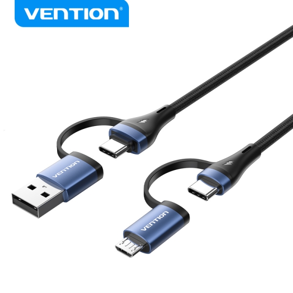 Câble USB-C Vention 4 en 1 - Charge rapide 100 W - Transfert 480 Mbps - Puce E-Marker - Construction tressée durable - Couleur noire