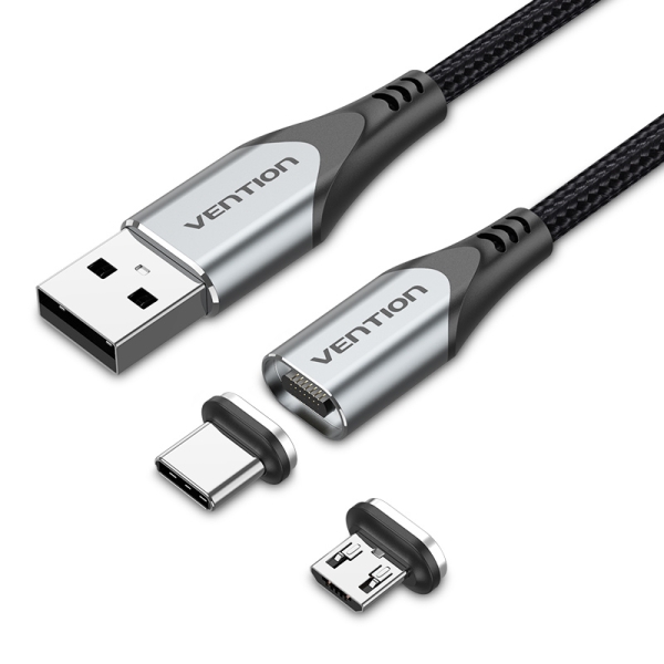 Câble Vention CQMHD USB-A 2.0 vers Micro-B et USB-C magnétique - Connecteurs interchangeables - Transfert 480 Mb/s - Couleur Gris