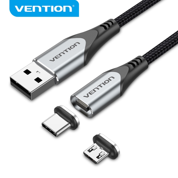 Câble Vention CQMHD USB-A 2.0 vers Micro-B et USB-C magnétique - Connecteurs interchangeables - Transfert 480 Mb/s - Couleur Gris