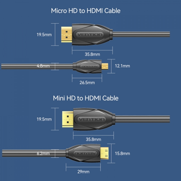 Câble Vention HDMI 1.4 mâle vers micro HDMI mâle - 1,5 m - Couleur noire