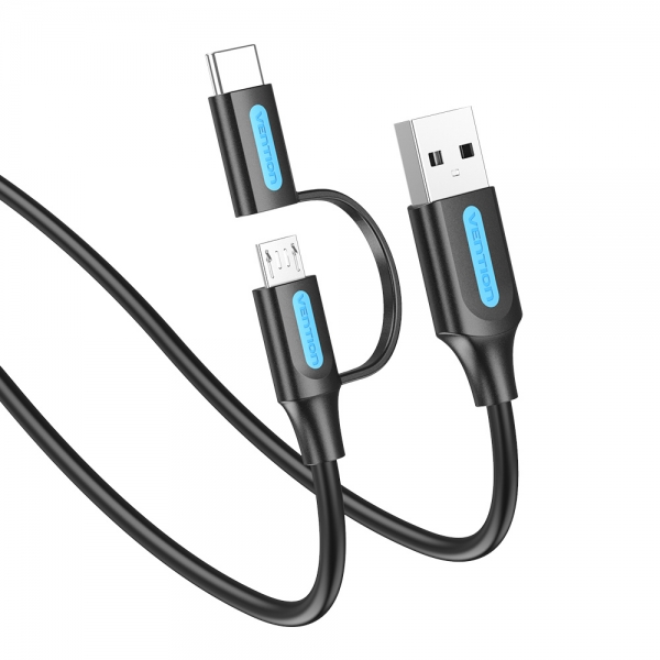 Câble Vention USB 2.0 Mâle vers MicroUSB+USB-C Mâle - 0,5m - 3A 60W 480Mbps - Couleur Noir