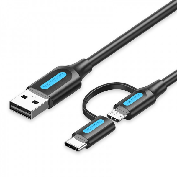 Câble Vention USB 2.0 Mâle vers MicroUSB+USB-C Mâle - 0,5m - 3A 60W 480Mbps - Couleur Noir