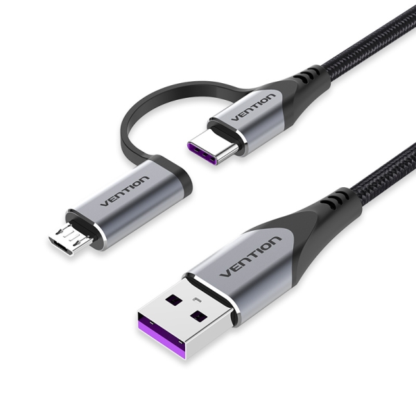 Câble Vention USB-A 2.0 vers 2-en-1 USB-C&Micro-B Coton Tressé - 5A - Blindé - 0,48Gbps - Couleur Gris