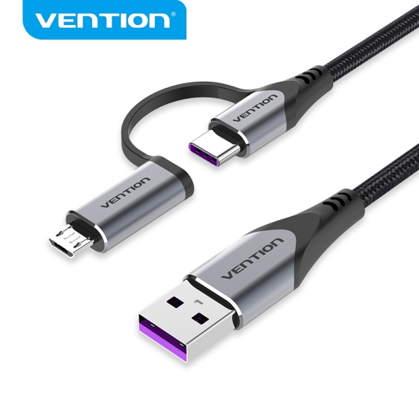 Câble Vention USB-A 2.0 vers 2-en-1 USB-C&Micro-B Coton Tressé - 5A - Blindé - 0,48Gbps - Couleur Gris