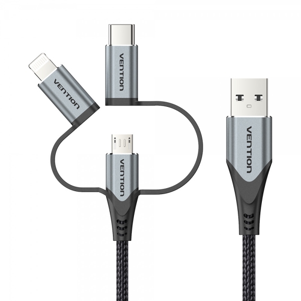 Câble Vention USB-A vers USB-C/MicroUSB/Lightning Mâle - 1m - Gris