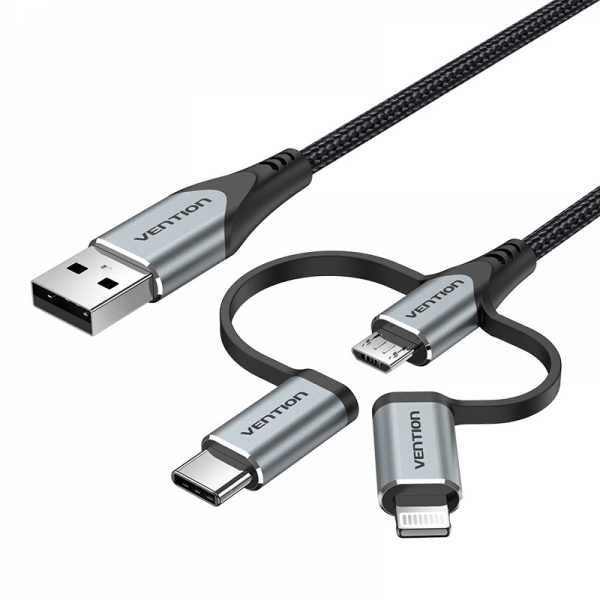 Câble Vention USB-A vers USB-C/MicroUSB/Lightning Mâle - 1m - Gris