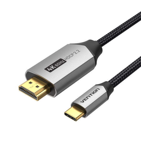 Câble Vention USB-C Mâle vers HDMI 2.0 Mâle 4K - 1,5 m - Coton Tressé - Aluminium Noir