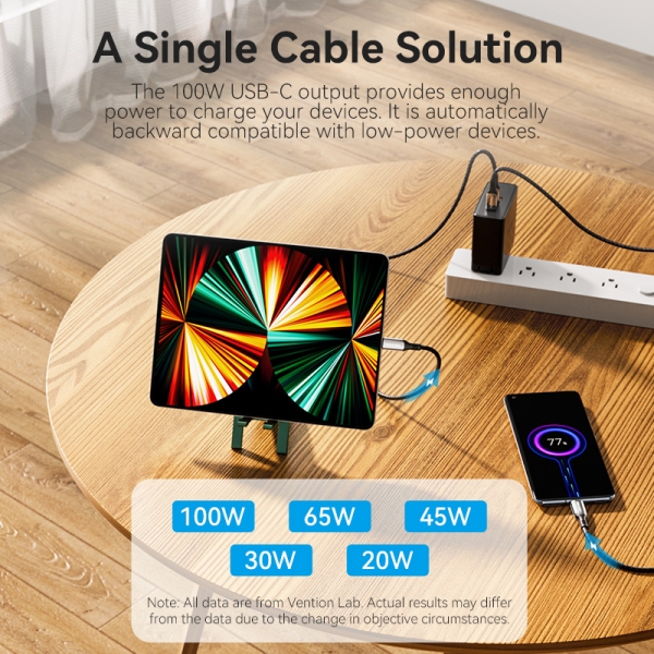 Câble Vention USB-C Mâle vers USB-C Mâle - 1,2 m - 5A - PD100W - Couleur Noir