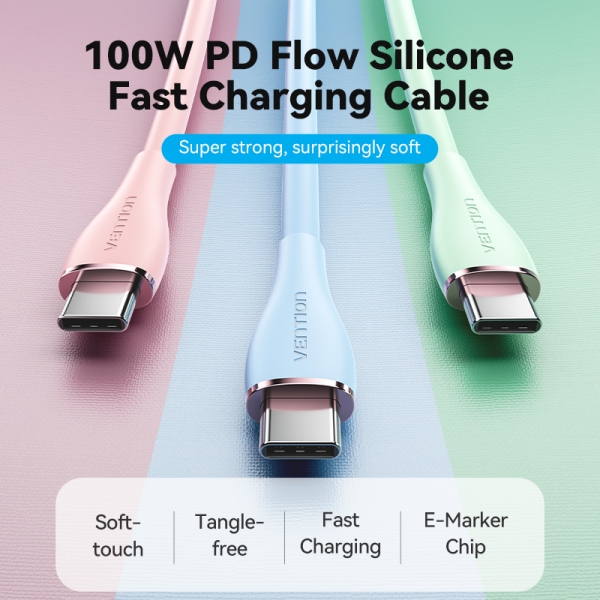 Câble Vention USB-C Mâle vers USB-C Mâle - 1,5 m - 5A 100W 480Mbps - Couleur Silicone Rose