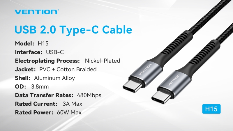 Câble Vention USB-C vers USB-C - Transmission 480Mbps - Puissance 60W - Matériau Aluminium - Connecteur USB-C Mâle vers USB-C Mâle - Couleur Noir