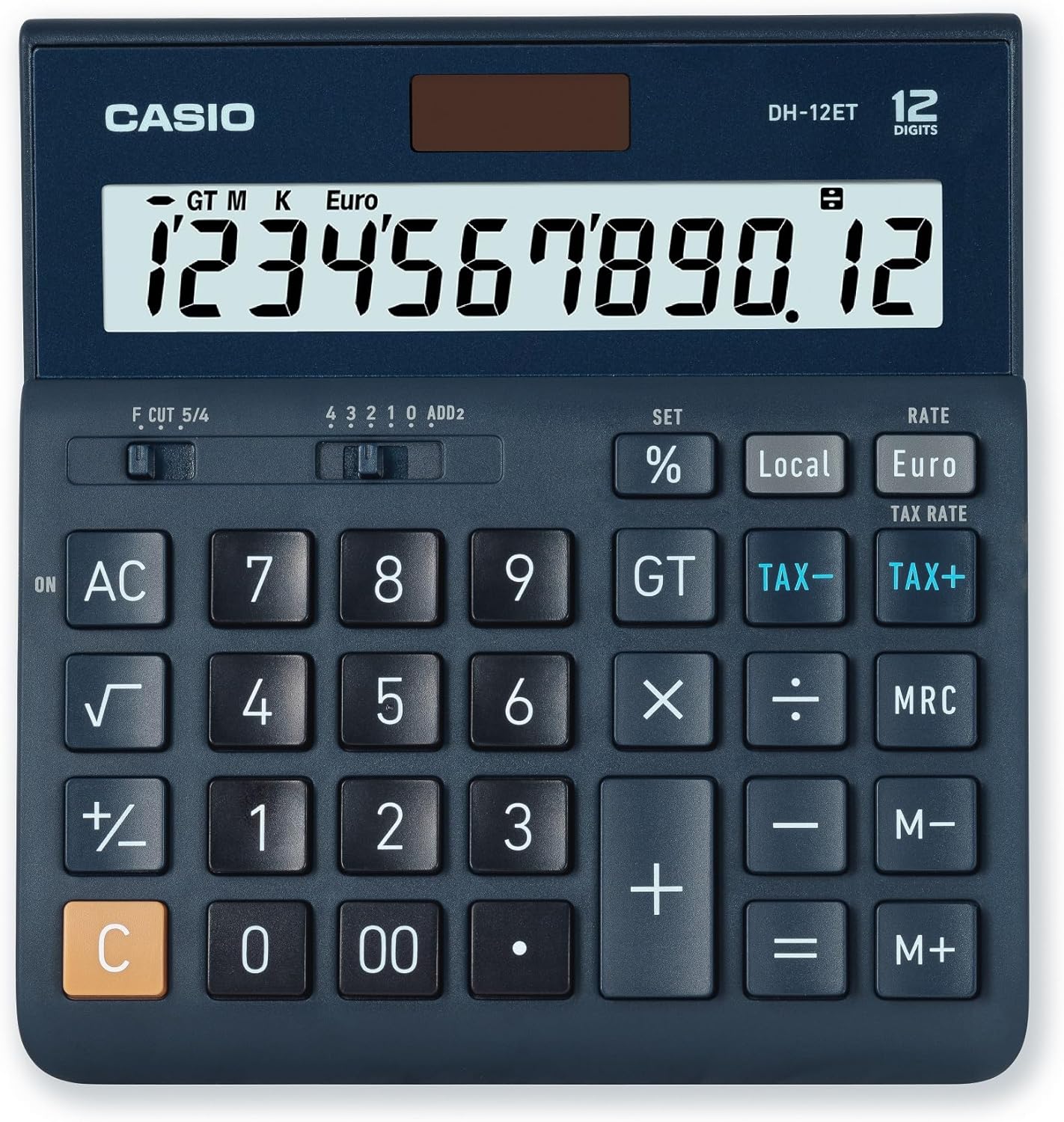 Calculatrice de bureau Casio DH-12ET - Écran extra large à 12 chiffres - Alimenté par énergie solaire et batterie - Couleur bleu foncé