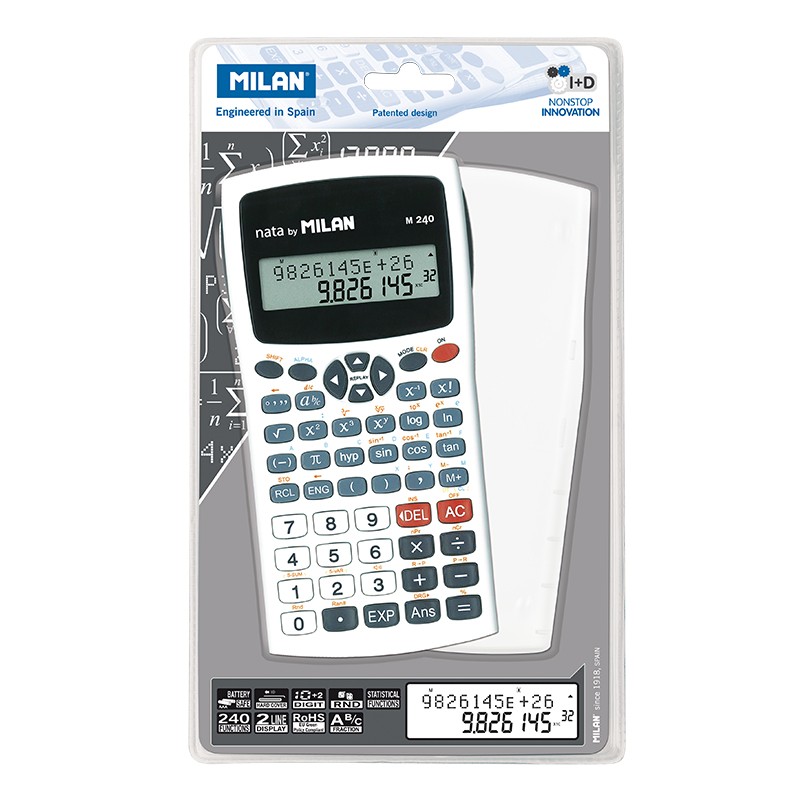 Calculatrice Scientifique Milan M240 10+2 Chiffres - Affichage 2 Lignes - 240 Fonctions Intégrées Dont 124 Scientifiques - Housse de Protection - Couleur Blanche