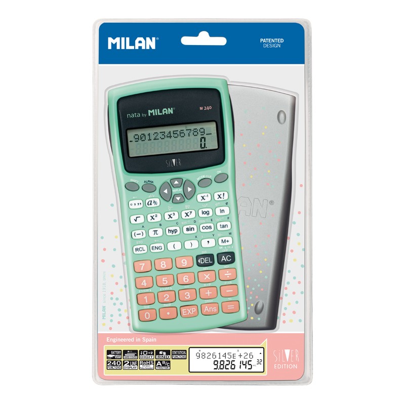 Calculatrice Scientifique Milan M240 10+2 Chiffres - Affichage 2 Lignes - 240 Fonctions Intégrées Dont 124 Scientifiques - Housse de Protection - Couleur Turquoise