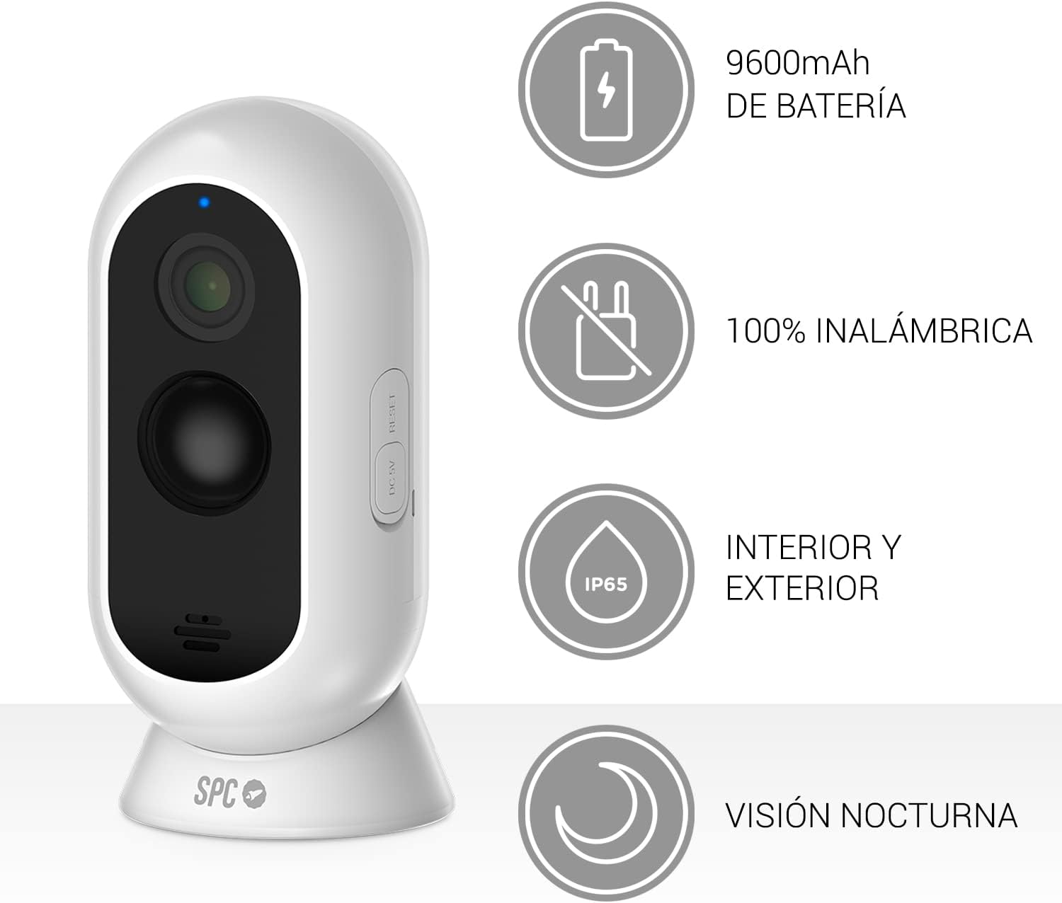 Caméra de sécurité sans fil SPC avec batterie - 9600 Mah - Wifi - Intérieur et extérieur - Résistant à la pluie - Full HD - Vision nocturne - Notifications en temps réel - Audio bidirectionnel - Couleur blanche