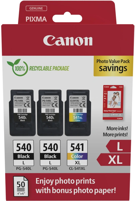 Canon PG-540L/CL-541XL Multipack de 3 cartouches d'encre originales + 50 feuilles de papier photo - 5224B015