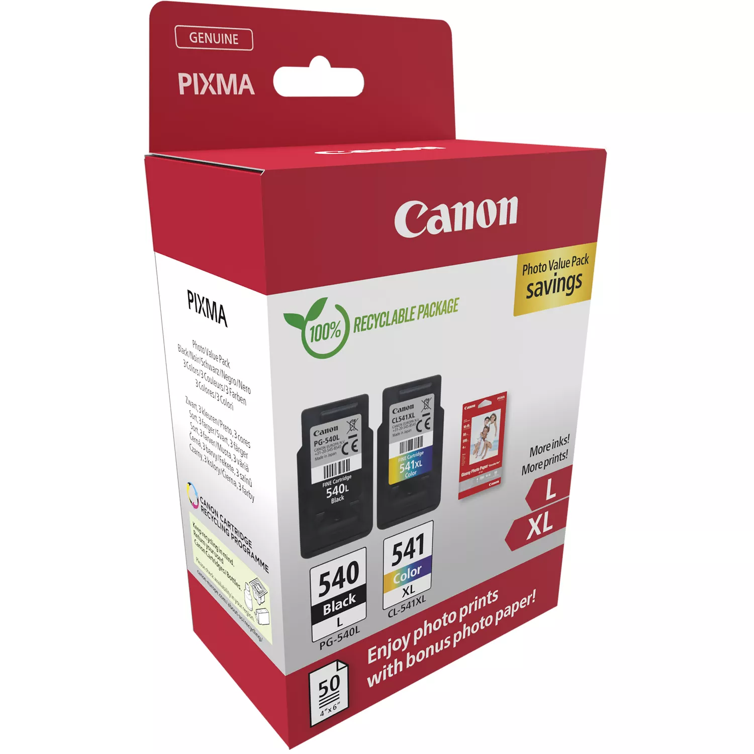 Canon PG540L Noir + CL541XL Couleur Pack de 2 Cartouches d'encre - 50 Feuilles de Papier Photo - 5224B012