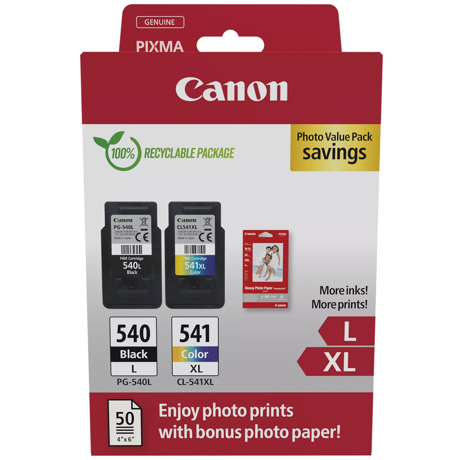 Canon PG540L Noir + CL541XL Couleur Pack de 2 Cartouches d'encre - 50 Feuilles de Papier Photo - 5224B012