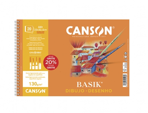 Canson Basik Bloc à Dessin Spirale 20 Feuilles A4+ 130g - Avec Cadre - Dimensions 23x32,5cm - Couleur Blanc