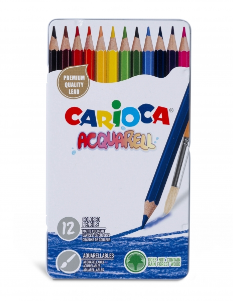 Carioca Acquarell Lot de 12 Crayons Aquarelle - Boîte en Métal - Effet Aquarelle à l'Eau et Pinceau - Couleurs Intenses et Vives - Écriture Douce - Mine Ø 3,3 mm - Couleurs Diverses