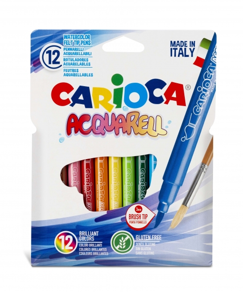 Carioca Acquarell Lot de 12 marqueurs aquarelle – Pointe pinceau bloquée – Encre lavable – Couleurs mélangeables avec de l'eau et un pinceau – Recommandé pour le papier à dessin – Différentes couleurs