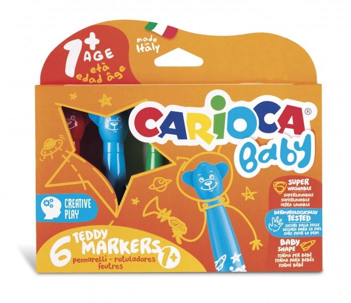 Carioca Baby Teddy Pack de 6 marqueurs - Super sûr - Forme ergonomique - Encre super lavable - Testé dermatologiquement - Différentes couleurs