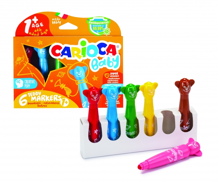 Carioca Baby Teddy Pack de 6 marqueurs - Super sûr - Forme ergonomique - Encre super lavable - Testé dermatologiquement - Différentes couleurs