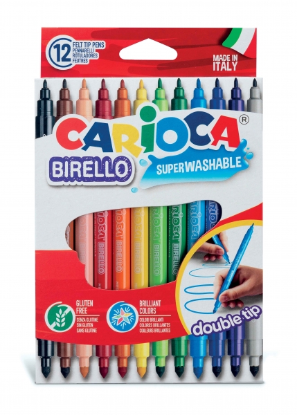 Carioca Birello Lot de 12 Marqueurs - Double Pointe Fine et Moyenne - Encre Non Toxique Super Lavable - Lavable sur la Peau et les Tissus avec de l'Eau et sans Savon - Différentes Couleurs