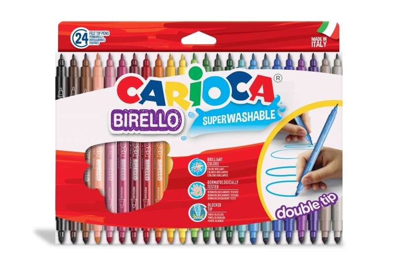 Carioca Birello Lot de 24 Feutres - Double Pointe Fine et Moyenne - Encre Non Toxique Super Lavable - Lavable sur la Peau et les Tissus avec de l'Eau et sans Savon - Différentes Couleurs