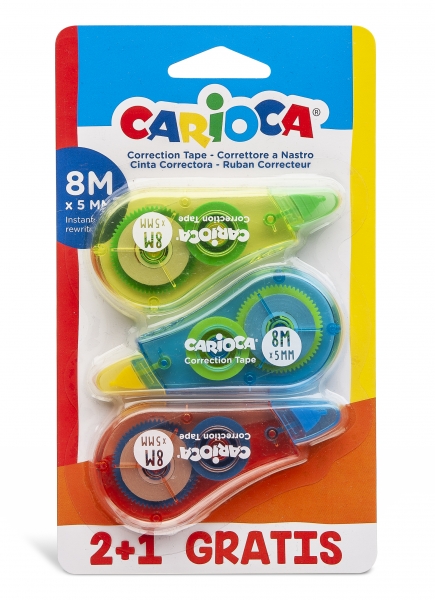 Carioca Corrector Tape Pack 2+1 - Couverture - Vous pouvez réécrire immédiatement - Idéal pour tout type de papier - Différentes couleurs