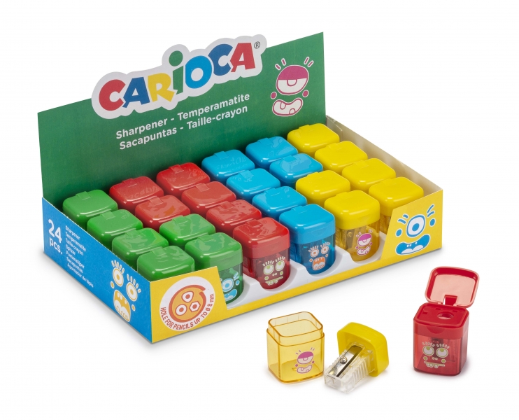 Carioca Display Pack de 24 Taille-crayons de couleur avec dépôt - 1 trou - Convient pour crayons/crayons triangulaires, ronds et hexagonaux - Vis de sécurité sur la lame - Différentes couleurs