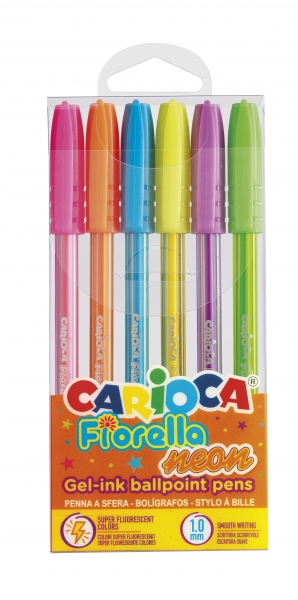 Carioca Fiorella Lot de 6 Stylos Couleur Fluo - Stylo Bille avec Pointe Bille et Corps Transparent Fluo - Écriture Lumineuse et Colorée - Couleurs Diverses