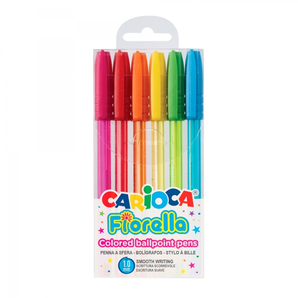 Carioca Fiorella Lot de 6 Stylos - Pointe Bille - Corps Transparent Fluo - Écriture Lumineuse et Colorée - Couleurs Diverses