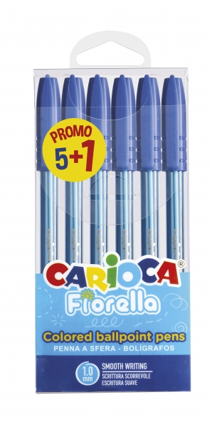 Carioca Fiorella Pack de 6 Stylos - Pointe Bille - Corps Transparent Fluo - Pointe Ø 1mm - Écriture Lumineuse et Colorée - 5+1 offert - Couleur Bleu