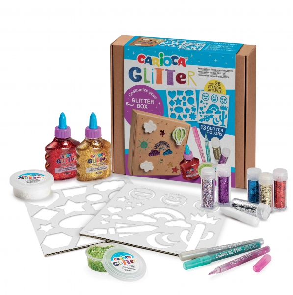 Carioca Glitter Creator Pack de 13 produits pailletés et 26 modèles - 2 flacons de colle pailletée - 2 flacons de pâte à modeler Elastica Glitter Clay - 3 marqueurs pailletés - 6 paillettes de poussière de paillettes - Différentes couleurs