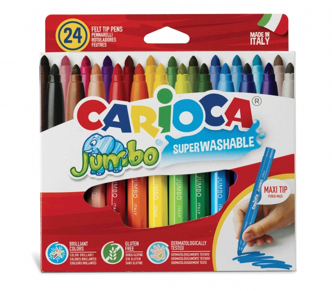 Carioca Jumbo Pack de 24 marqueurs - Corps Maxi Octogonal - Encre Super Lavable - Pointe Verrouillée Maxi 6mm - Capuchon Ventilé - Différentes Couleurs