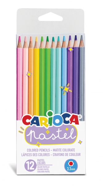 Carioca Lot de 12 Crayons Pastel en Bois - Couleurs Pastel - Corps Hexagonal - Couleurs Vives et Lavables - Écriture Douce - Mine Ø 3,3 mm Sûr et Résistant aux Chutes - Différentes Couleurs