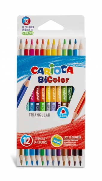 Carioca Lot de 12 crayons triangulaires – Mine de haute qualité – Haute résistance à la casse – Facile à tailler – Couleurs vives et lavables – Excellente couverture – Différentes couleurs