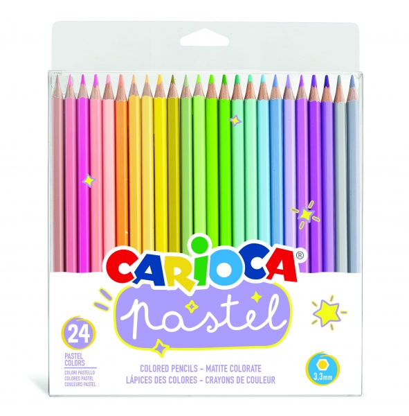 Carioca Lot de 24 crayons en bois - Couleurs pastel - Corps hexagonal - Couleurs vives et lavables - Écriture douce - Mine sûre et résistante aux chutes - Différentes couleurs