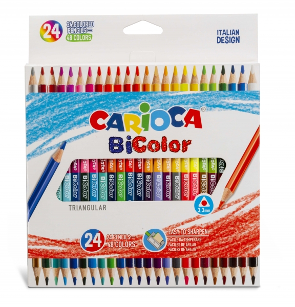 Carioca Lot de 24 Crayons Laqués Triangulaires Bicolores - Mine de Haute Qualité Ø 3,3 mm - Haute Résistance à la Casse - Différentes Couleurs