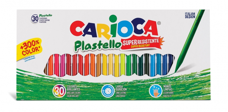 Carioca Lot de 30 gommes en plastique – Extra propres – Ne laissent aucune couleur sur les mains – Dure trois fois plus longtemps – Couleurs vives et lavables – Facile à tailler – Différentes couleurs