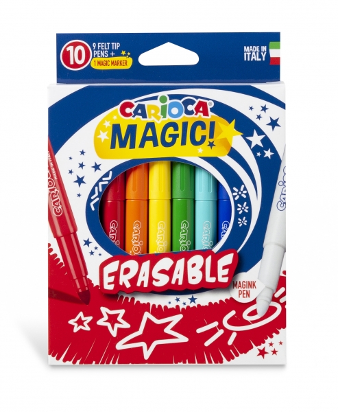 Carioca Magic Markers Pack de 10 marqueurs magiques effaçables - L'encre magique change de couleur - Comprend un marqueur Magink à effacer - Pointe maxi verrouillée et capuchon ventilé - Différentes couleurs