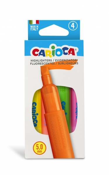 Carioca Memory Pack de 4 surligneurs - Pointe biseautée 5 mm - Brillant et lavable - Encre à base d'eau - Différentes couleurs