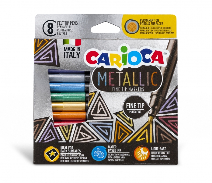 Carioca Metallic Fine Lot de 8 marqueurs métalliques - Pointe fine - Idéal pour les surfaces foncées - Couleurs permanentes sur surfaces poreuses - Encre à base d'eau - Couleurs variées