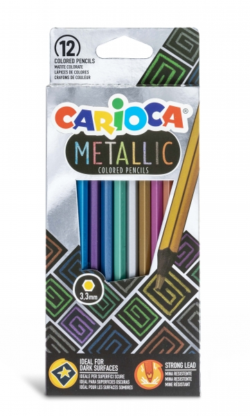 Carioca Metallic Lot de 12 Crayons Métalliques Hexagonaux - Couleurs couvrantes - Idéal pour les surfaces sombres - Mine Premium Ø 3,3 mm Résistant aux chutes - Facile à tailler - Différentes couleurs