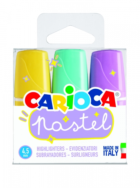 Carioca Minilight Pack de 3 Surligneurs Pastel - Encre à Base d'Eau et Lavable - Pointe Biseautée - Différentes Couleurs